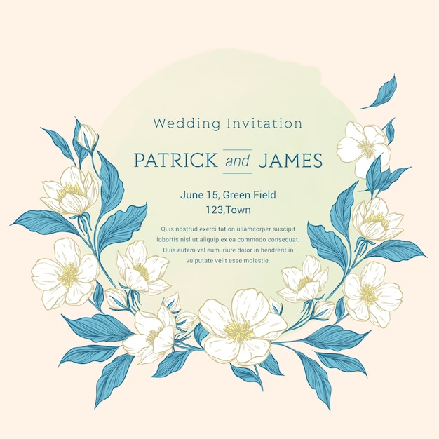 Hand drawn colourful floral wedding invitation