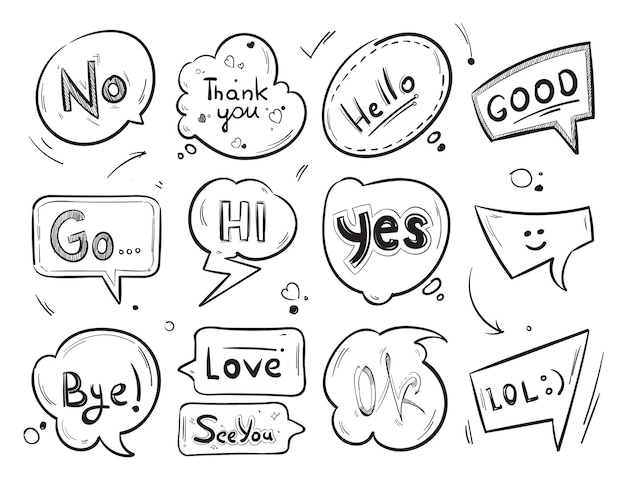 Hand drawn comic speech bubbles with popular message words collection.