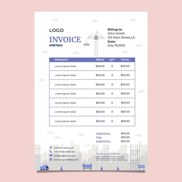 Hand drawn construction invoice template