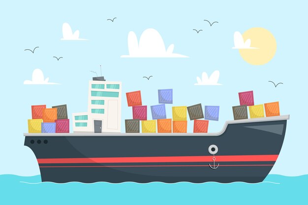 Hand drawn container ship export concept