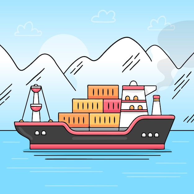 Free Vector hand drawn container ship and mountains