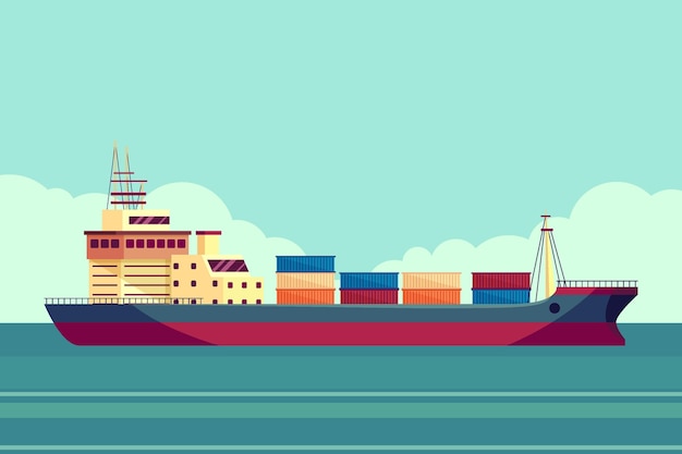 Hand drawn container ship on sea illustration