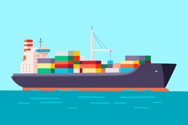 Hand drawn container ship on sea