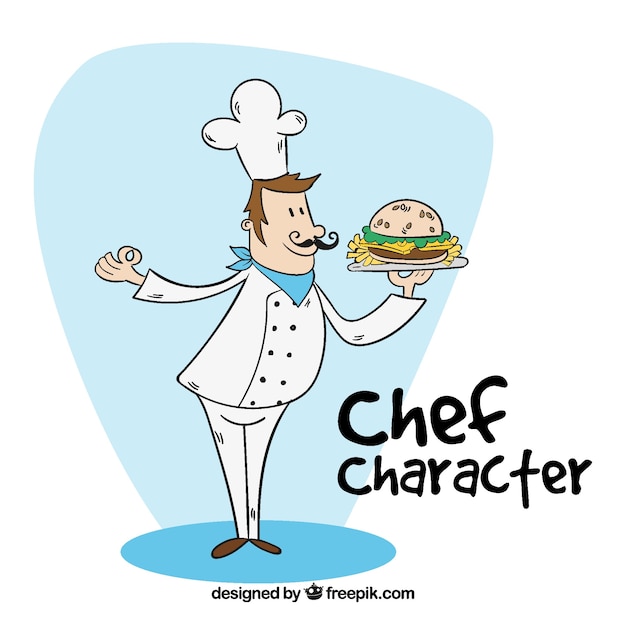 Hand-drawn cook holding a tasty burger