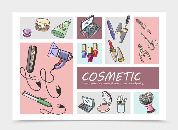 Hand drawn cosmetic elements composition illustration