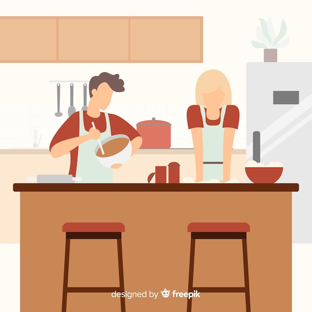 Free Vector hand drawn couple cooking background