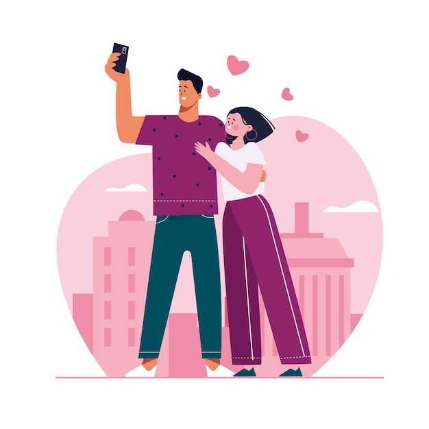 Hand drawn couple taking selfie with smartphone