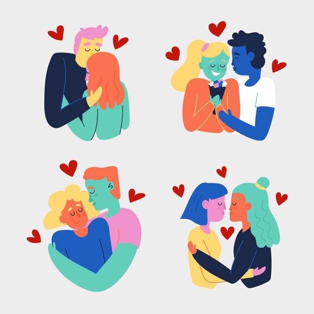 Hand drawn couples kissing illustration