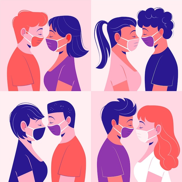 Free Vector hand drawn couples kissing with covid mask