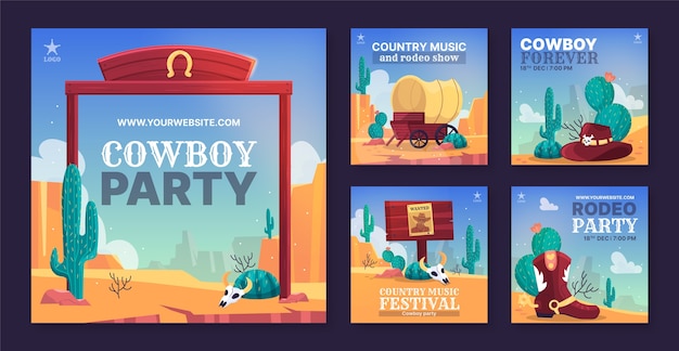 Free vector hand drawn cowboy party instagram posts