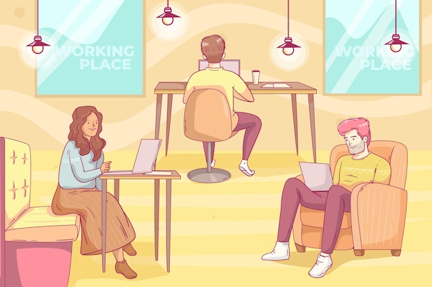 Hand drawn coworking space illustration