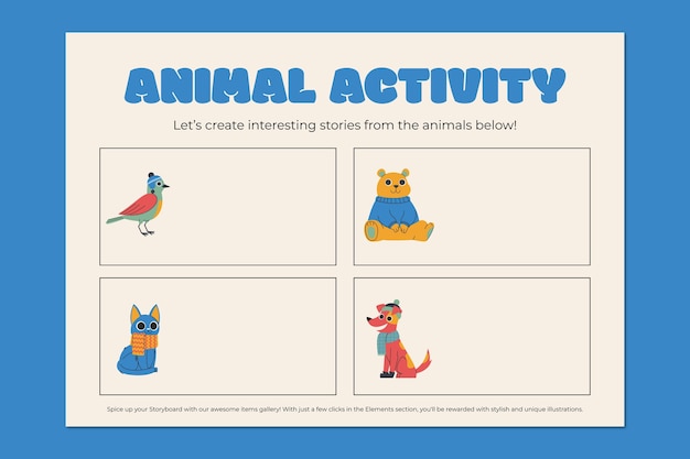 Hand-drawn creative animal activity storyboard