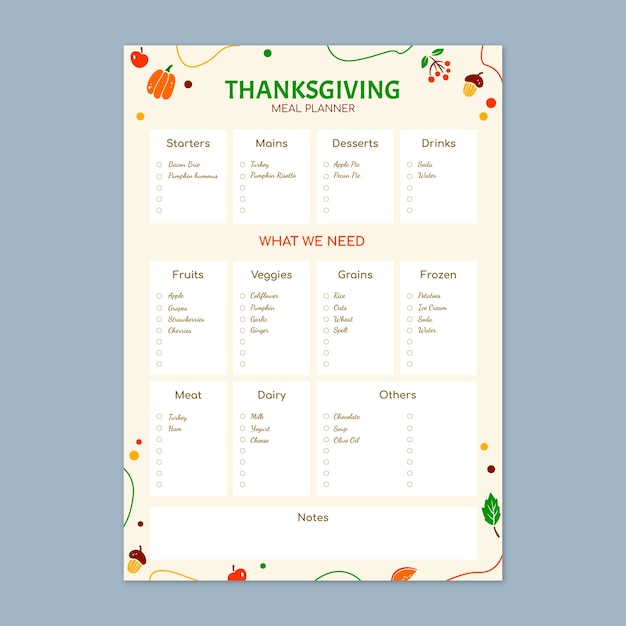 Hand drawn creative thanksgiving meal planner checklist