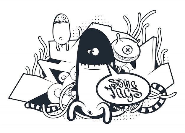 Free vector hand drawn creatures in graffiti style