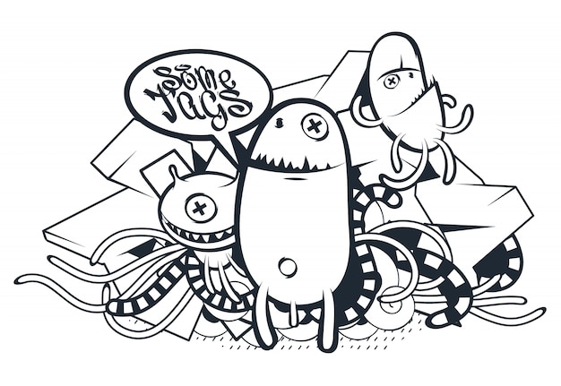 Free vector hand drawn creatures in graffiti style