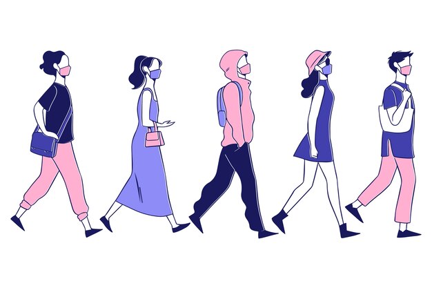 Hand drawn crowd of people walking illustration