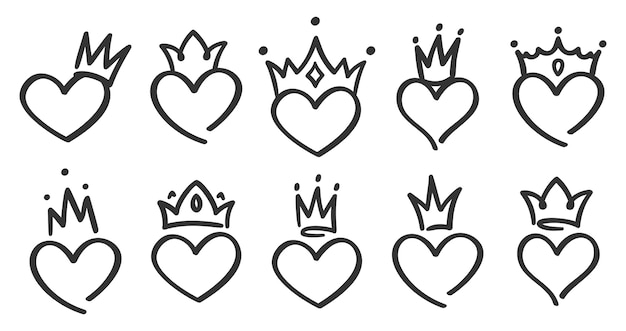 Hand drawn crowned hearts. Doodle princess, king and queen crown on heart, sketch love crowns