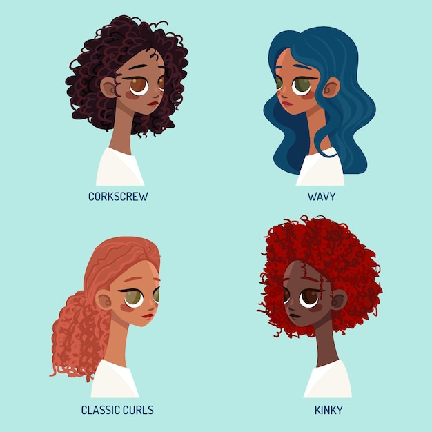 Hand drawn curly hair types set