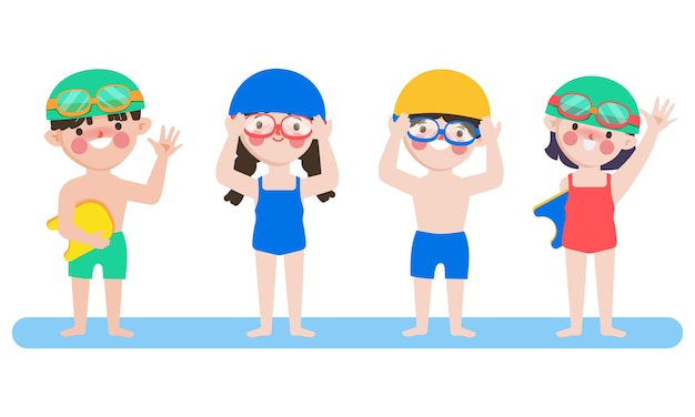 Hand drawn Cute cartoon children get ready for swimming