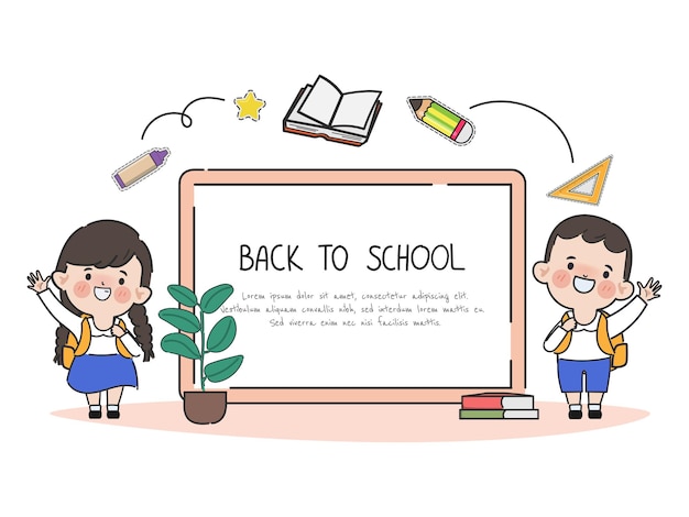 Hand drawn Cute cartoon student back to school with stationery concept background