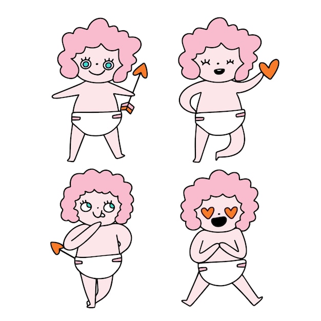 Hand drawn cute cupid character set