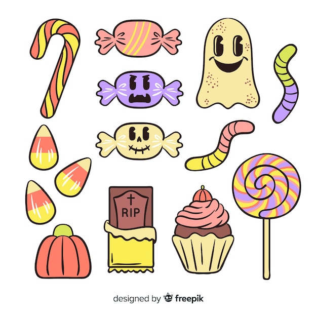 Hand drawn cute halloween candy collection