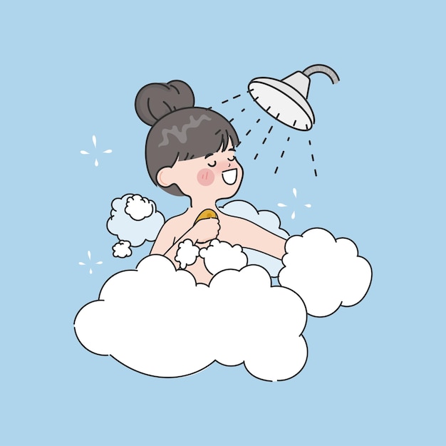 Free Vector hand drawn cute kid girl take shower in the bathroom character