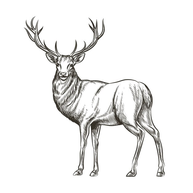 Hand drawn deer. Animal wild, horn and nature wildlife, mammal reindeer, horned antler, sketch vector illustration