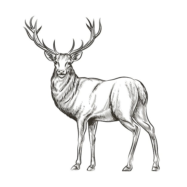 Hand drawn deer. Animal wild, horn and nature wildlife, mammal reindeer, horned antler, sketch vector illustration