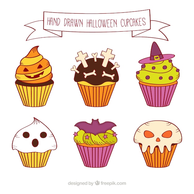  hand-drawn delicious cupcakes with halloween decoration