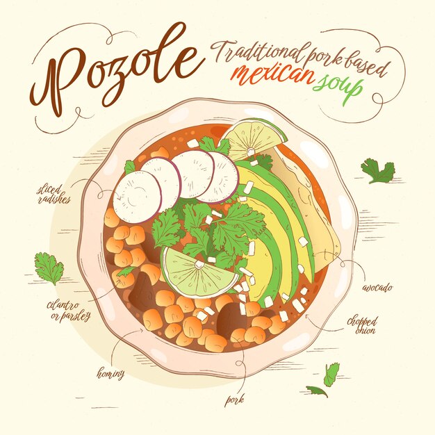 Hand drawn delicious pozole illustration