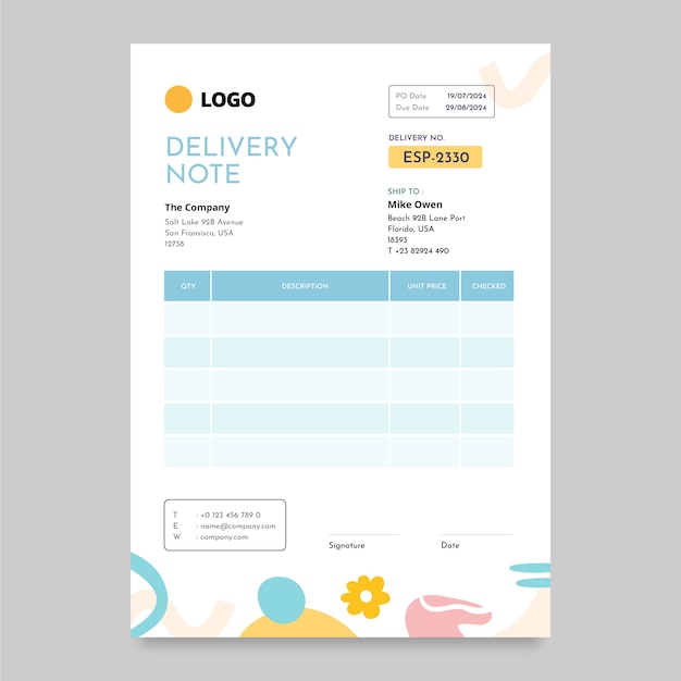 Hand drawn delivery note template