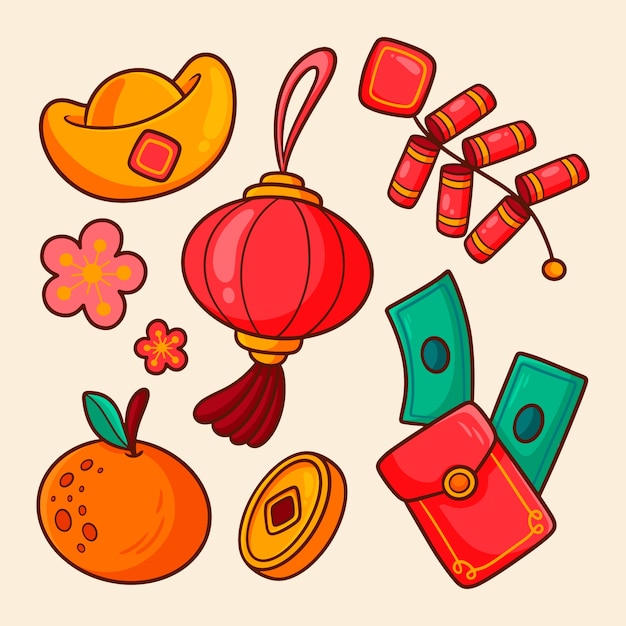 Free Vector hand drawn design elements collection for chinese new year festival