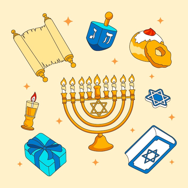 Free vector hand drawn design elements collection for jewish hanukkah holiday