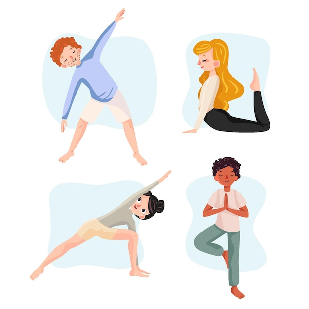 Hand drawn design people doing yoga