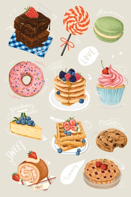 Hand drawn dessert collection vector