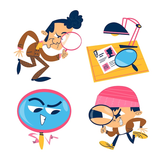 Free Vector hand drawn detective doodle sticker set