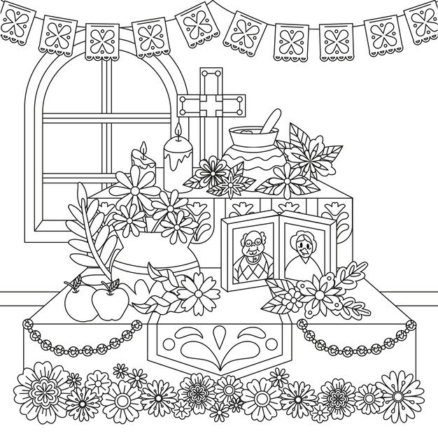 Hand drawn dia de muertos altar de muertos coloring page illustration