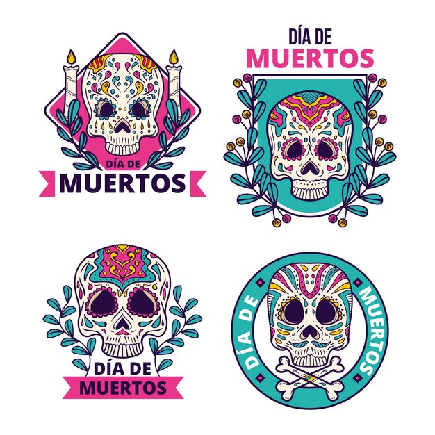 Hand drawn dia de muertos badges collection