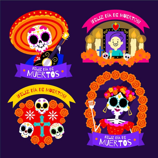 Hand drawn dia de muertos badges collection