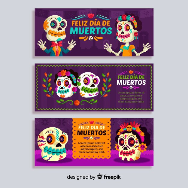 Hand drawn día de muertos banners template