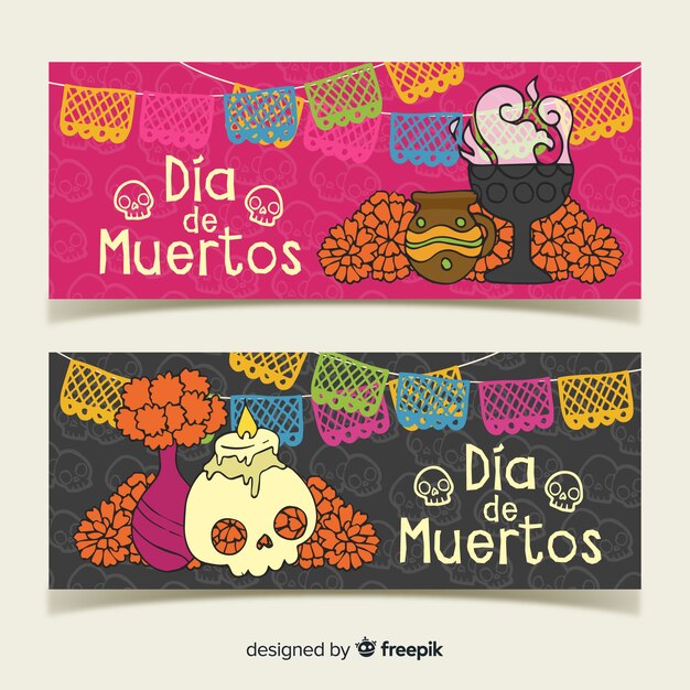 Hand drawn dia de muertos banners