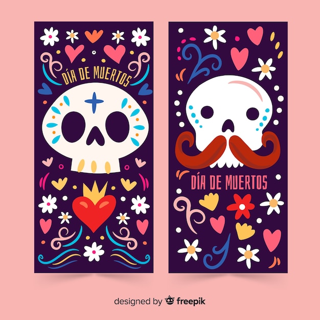 Hand drawn of dia de muertos banners