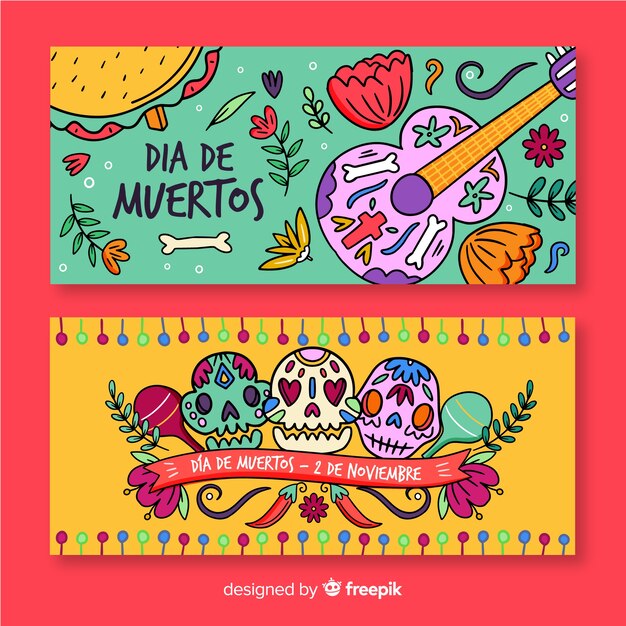 Hand drawn dia de muertos banners