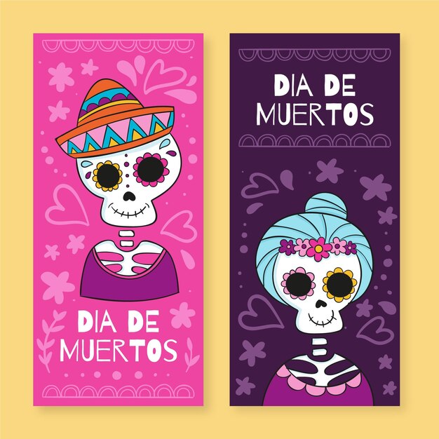 Hand drawn dia de muertos banners