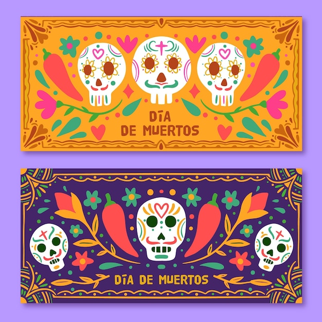 Hand drawn dia de muertos banners