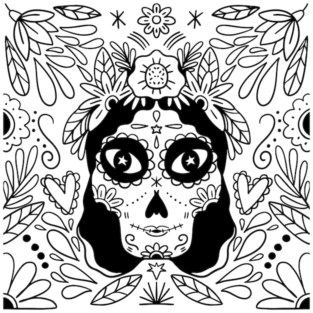 Free vector hand drawn dia de muertos catrina coloring page illustration