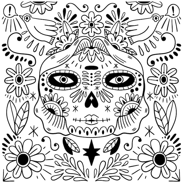 Free vector hand drawn dia de muertos catrina coloring page illustration