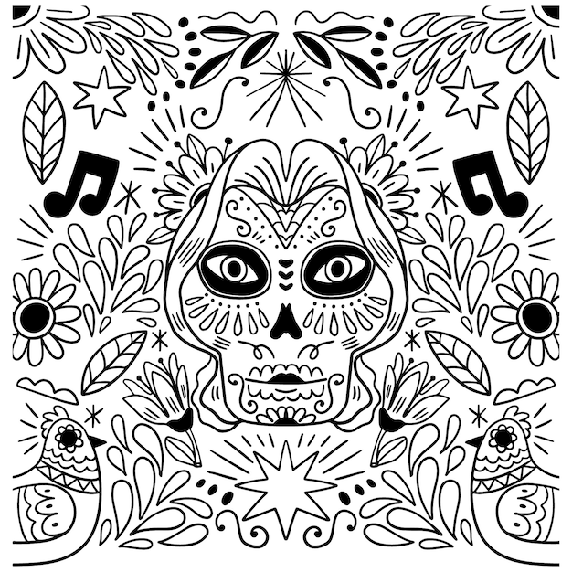 Free Vector hand drawn dia de muertos catrina coloring page illustration