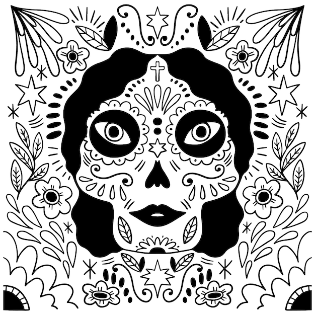 Free Vector hand drawn dia de muertos catrina coloring page illustration